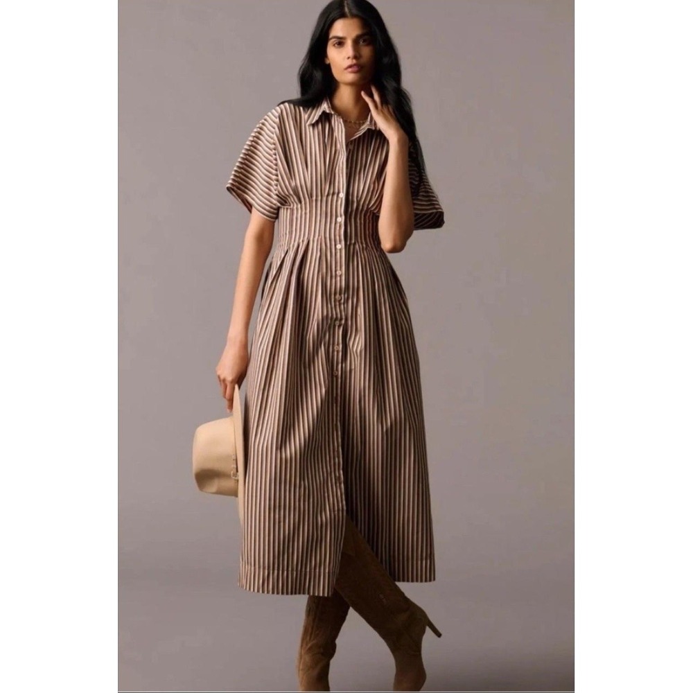 Exquise Dress Womens L Brown Stripe Shirt Midi Tobie Pockets Button Front Shape